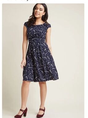 ModCloth Emily and Fin Shooting Stars Vintage Style Fit & Flare Dress - Navy